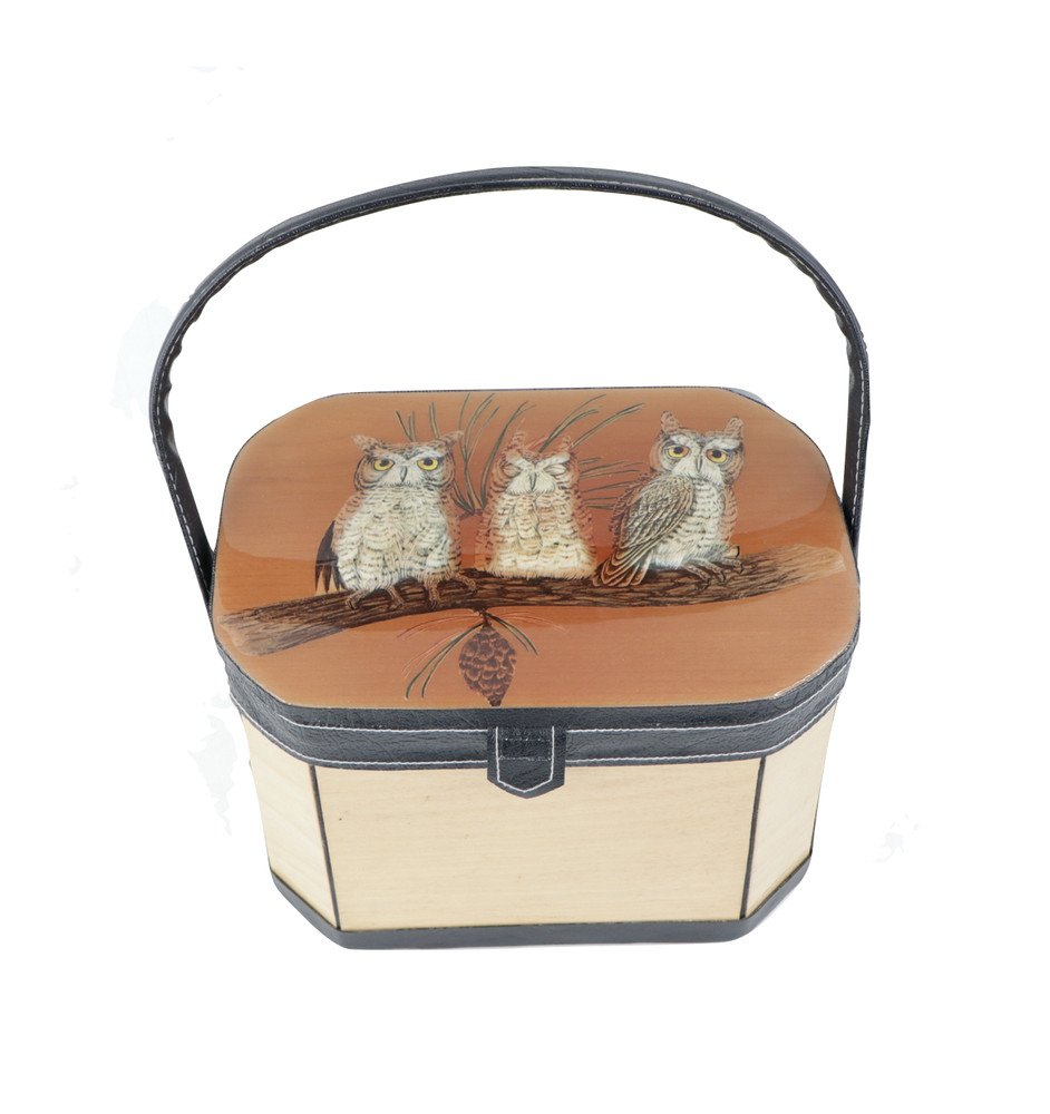 Vtg 70s Mid Century Modern MCM Wood Leather Handle Owl Vanity Case Makeup Bag - Thumbnail 3