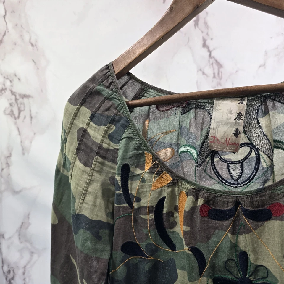 Camiseta Da Nang Top Mujer XS Verde Camuflada Túnica Bordada Longline Militar Ejército Foto 2 de 4
