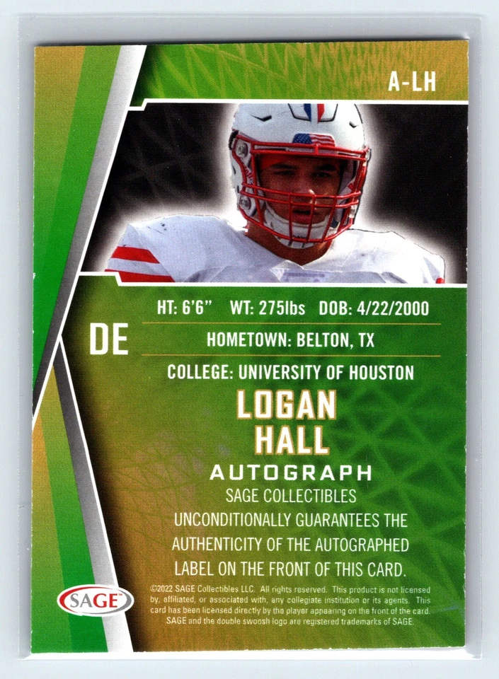 Logan Hall 2022 Sage High Series Autograph Red #A-LH Rookie RC Auto Houston - Image 2 of 2