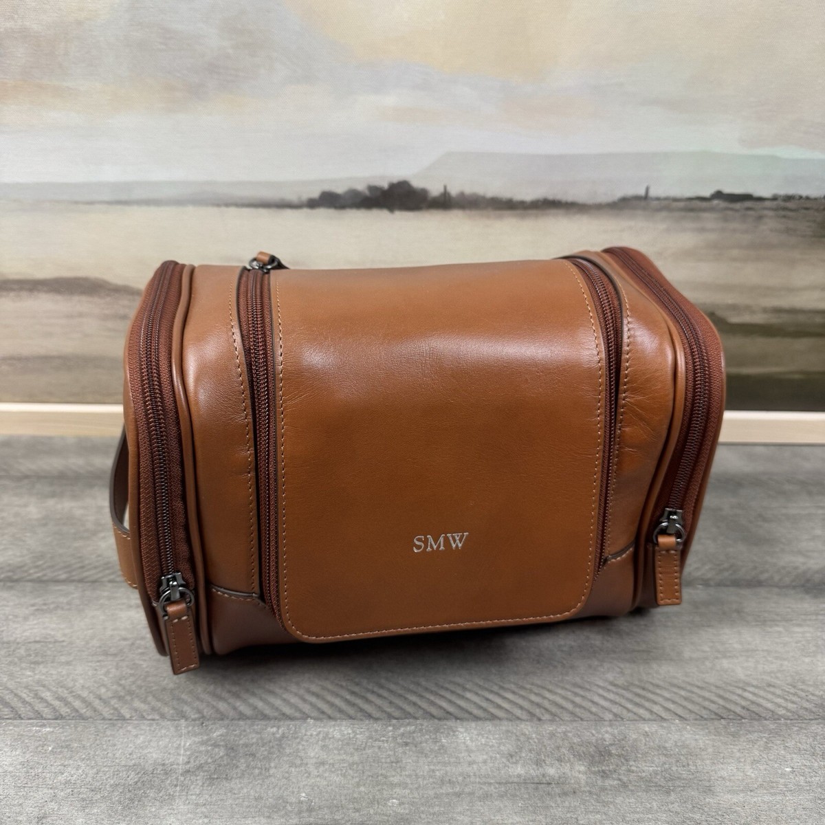 Mark and Graham Graham Leather Hanging Toiletry Bag Camel Brown 