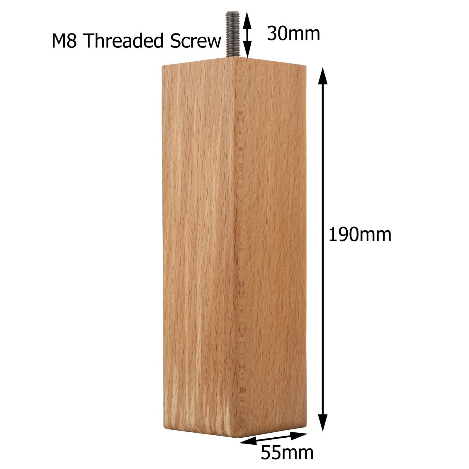 4x Wooden Square Legs Natural Coloured 190mm Height with Fittings for