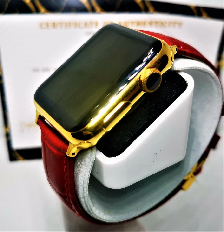 Stainless Steel Apple Watch 42mm Genuine Red Leather Strap  24K Gold Plated - Image 2 of 4