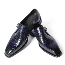 Handmade Men Shaded Blue Stylish Crocodile Leather Single Buckle Business Shoes