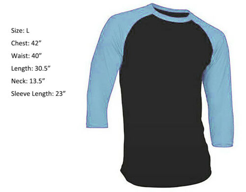 New 3/4 Sleeve Raglan Baseball Mens Plain Tee Jersey T-Shirt Black Light Blue M