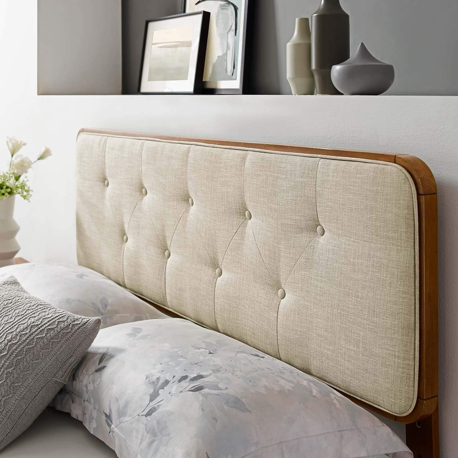 MOD-6233-WAL-BEI Collins Tufted Full Fabric and Wood Headboa