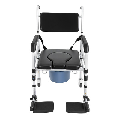Shower Chair Commode Height Adjustable Folding with 4Wheel Brakes160kg Capacity