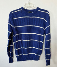Vintage Striped Sailing Sweater Mens Sz L Blue 1980s Pullover Marine Sport USA