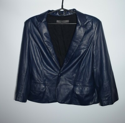 Simonetta Ravizza Navy Blue Leather Jacket Blazer Made In Italy Women's Size 44