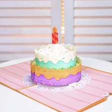 Birthday Cake with Lighted Candle - Pop Up Birthday Greeting Card with Envelope