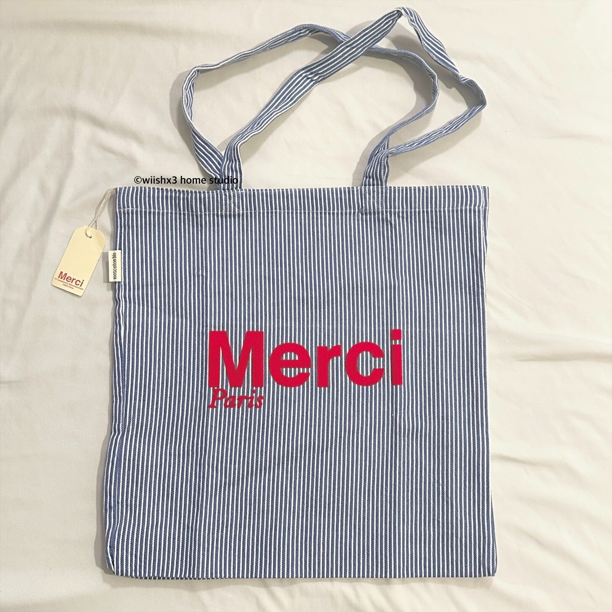 Merci PARIS Hickory Tote Bag Blue Striped Red | Authentic French