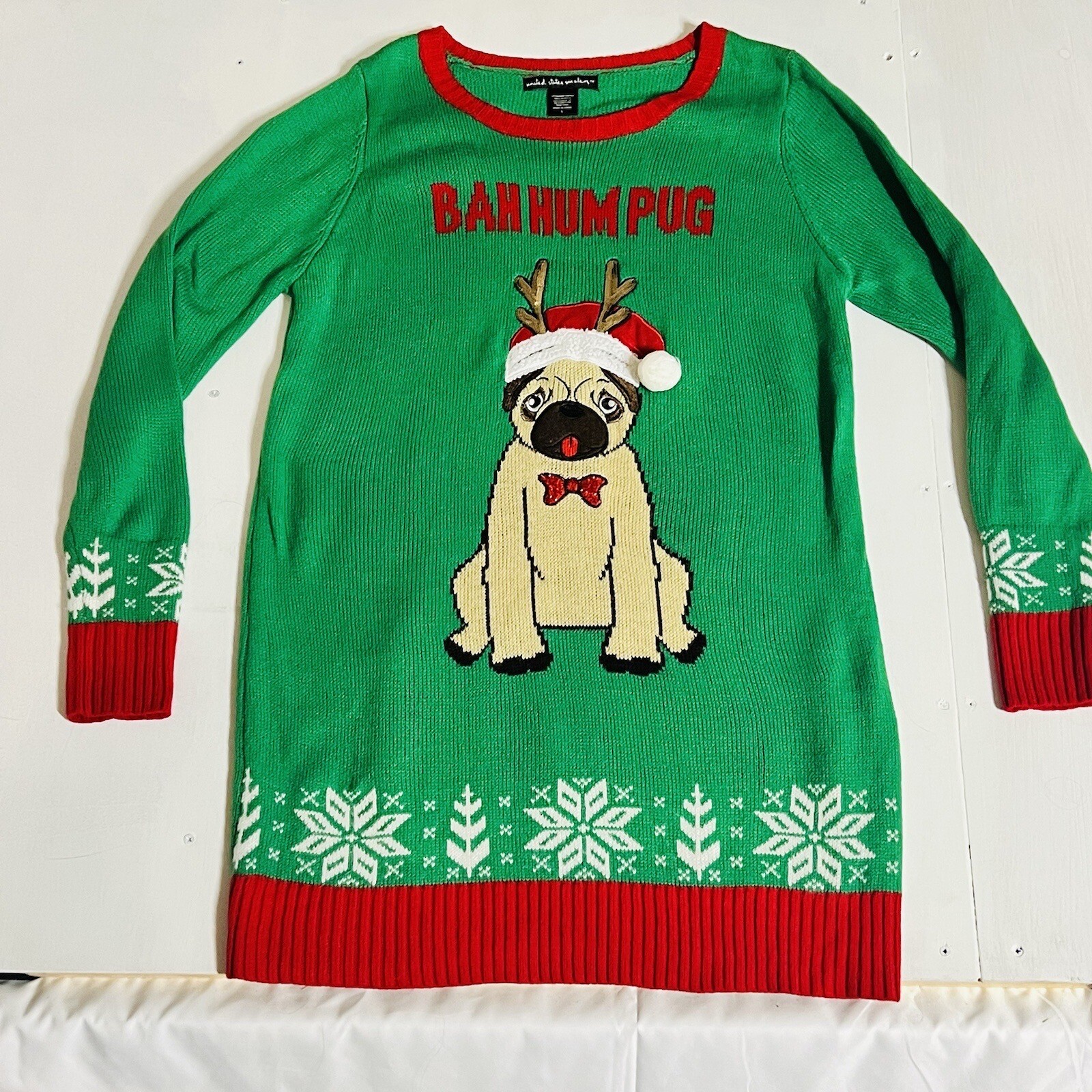 United States Sweaters Brand Christmas Green Red Sweater Bah Hum Pug Size Large eBay