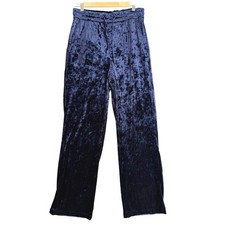 Zara Crushed Velvet Wide Leg Pull On Pants Womens S Navy Blue Elastic Waist Luxe