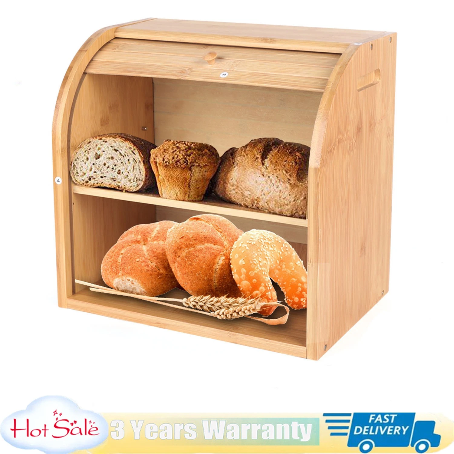 2-Layer Bamboo Bread Box with Adjustable Lid - Versatile Kitchen Storage
