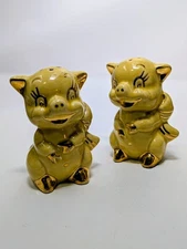 Vintage PIG Salt/Pepper Shakers (set of 2) Yellow With Gold Accents 