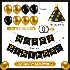82 Pcs 12Ft Skeleton Birthday Costume Accessories Include Black Gold Happy Bi...