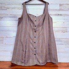 CIDER Tan Gray Plaid Square Neck Button Front Mini Dress Plus Size 4XL NEW