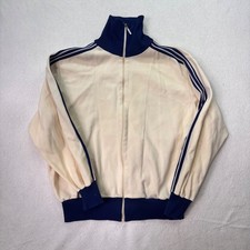 80s Vintage Adidas Track Jacket Womens L Cream Navy Blue 3 Stripe Full Zip
