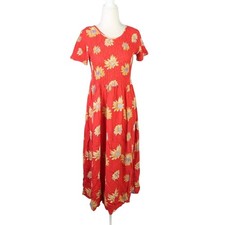 Vintage 90s Impressions Red and Yellow Smocked Floral Midi Dress S