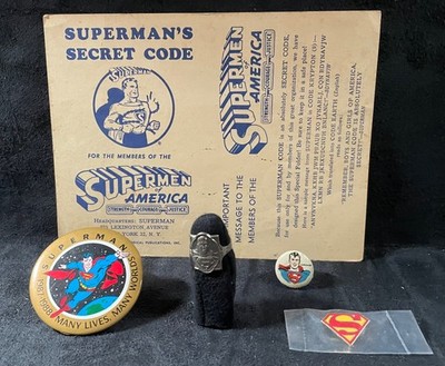 SUPERMAN Crusader Ring, Secret Code Card, Pep Pin, Many Lives Pin AND Emblem Pin