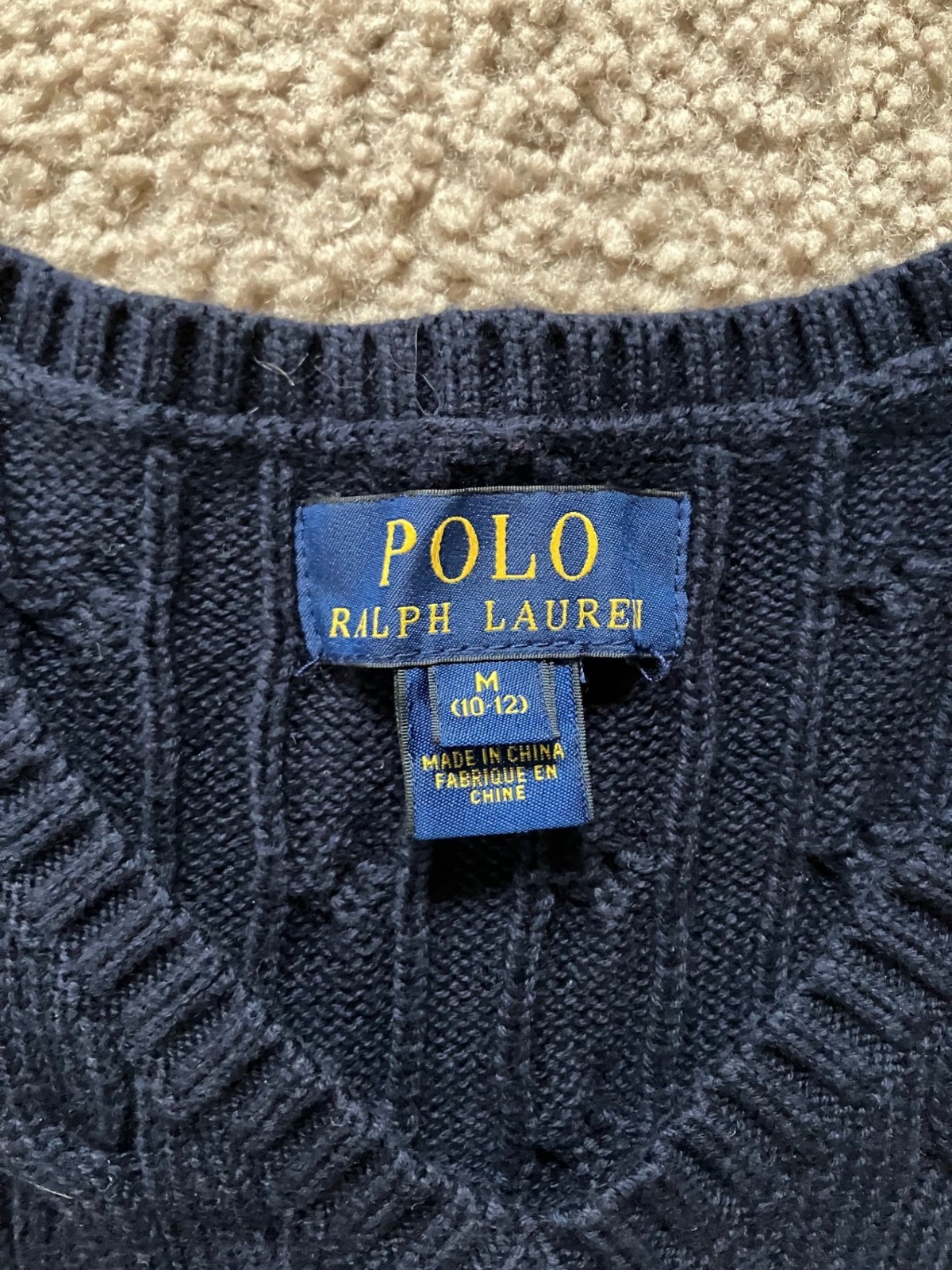 Polo Ralph Lauren Boys Cable Knit Vest Sweater M 10-12 Navy Blue Cotton Red Pony thumbnail 3