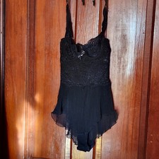 Vintage Jezabel Black Lace Teddy Womens 32 Floral Lace Sheer Pleated Snap Bottom