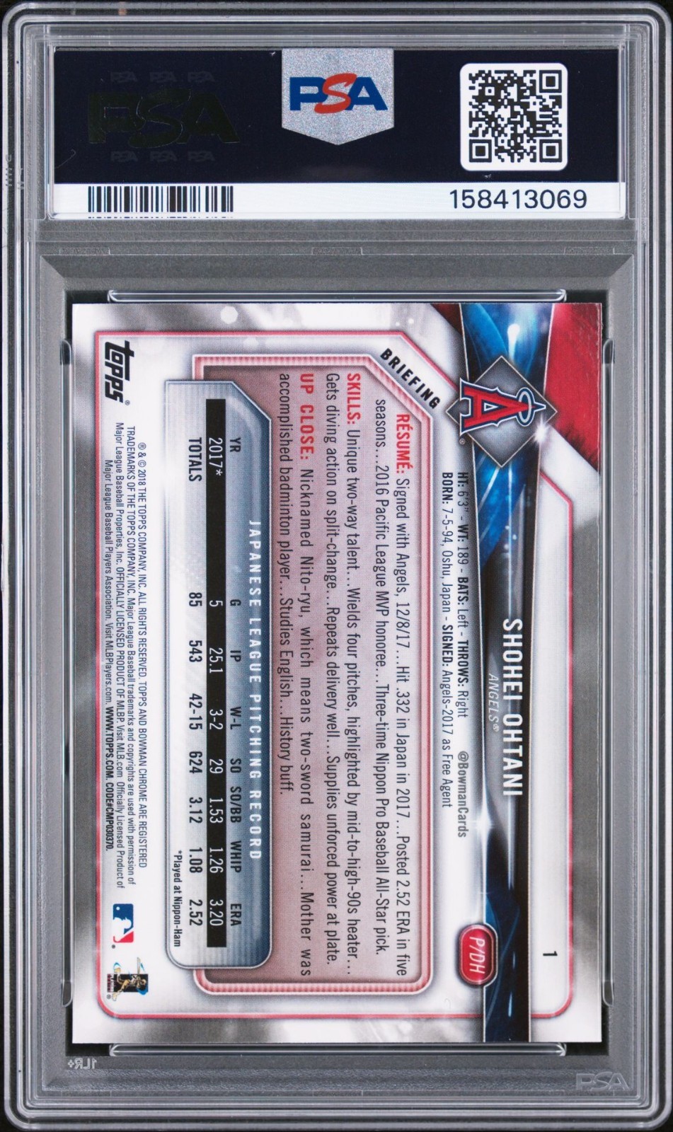 2018 Bowman Chrome Shohei Ohtani #1 PSA 9 MINT RC ROOKIE view 2
