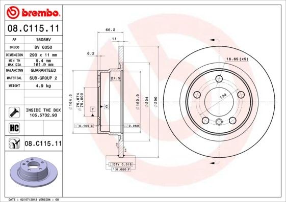 Disque de frein Brembo 08.C115.11 pour BMW arrière, pack de 2 pièces d'origine