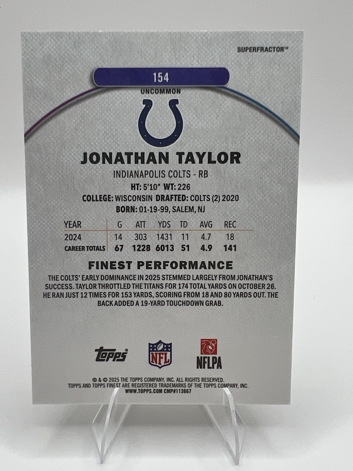 2025 Topps Finest Jonathan Taylor Gold Superfractor 1/1 Colts SSP One of One view 2