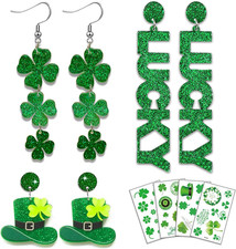 St Patricks Day Earrings Tattoos for Women, 3 Pairs Irish Earrings Shamrock