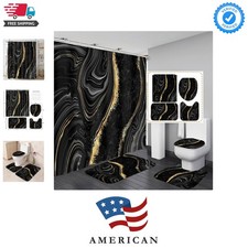 4 Pcs Black Marble Shower Curtain Sets with Rugs Gold Bathroom Sets with Show...