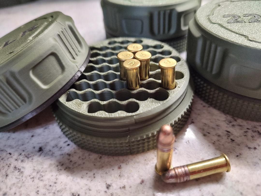 3-22 LR Mini Ammo Box Storage Case.  Holds 55 Rounds ea. Screw on Lid.