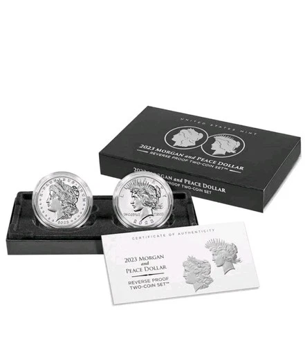 2023-S Reverse Proof Morgan and Peace Silver Dollar Coin Set. OGP & COA