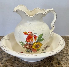 Vintage Arners Wash Basin & Pitcher Set Floral Gilt 1950s 15.5” Bowl