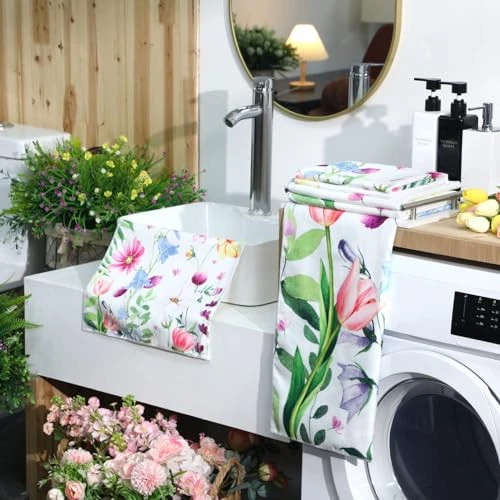 Paquete de 3 toallas de mano florales juego de toallas de baño de primavera rosa, azul, amarillo flor Foto 2 de 4