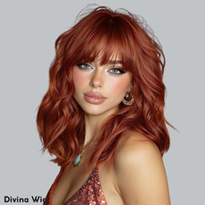 Copper Red Wavy Wig with Bangs Heat Resistant Synthetic Shoulder Length 16 Inch
