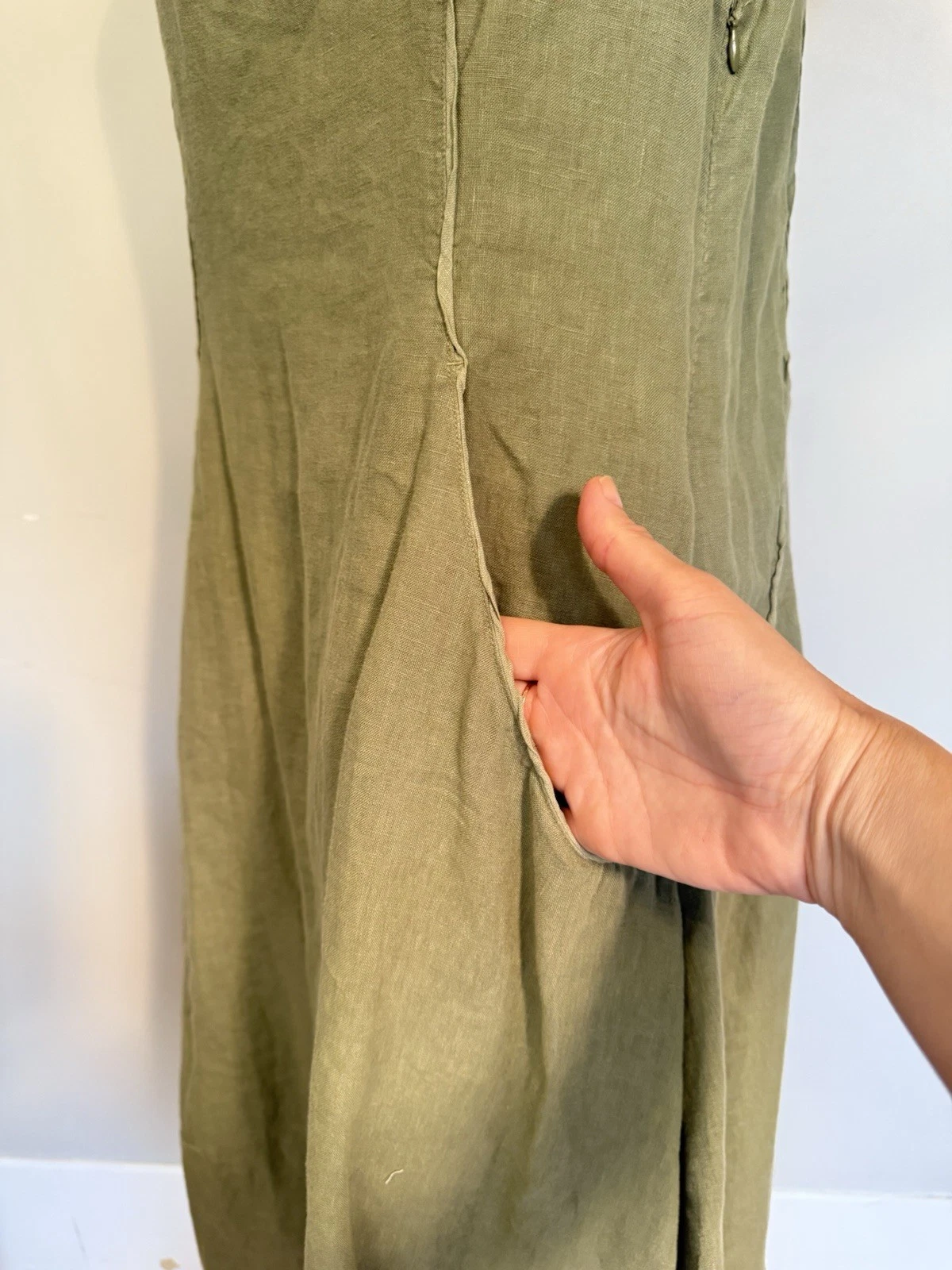 VETEMENTS Grizas verde salvia 100% lino lavato tasche Lagenlook taglia media