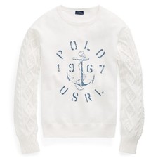 Polo Ralph Lauren Aran-Knit Fleece Pullover Size M Relaxed Fit Crewneck Cotton