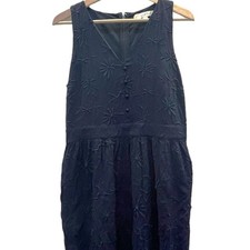 LOFT Navy Blue Floral Embroidered Sleeveless Button Flare Dress Women’s Size 6. 
