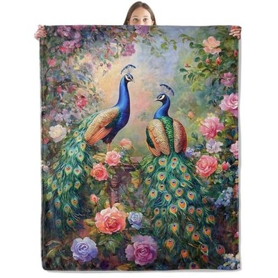 Romantic Peacock Blanket, Cozy Plush Blooming Rose Garden 50''×60'' Peacock35