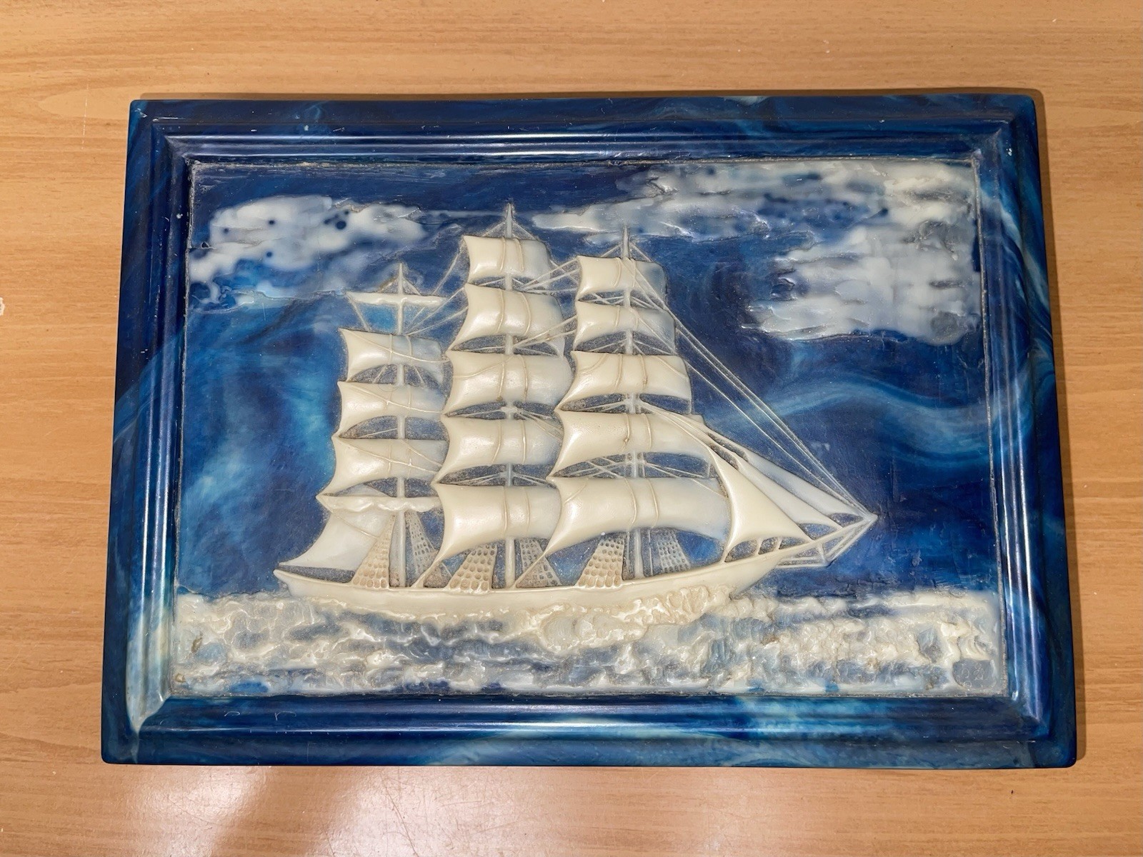 Vintage Dante Incolay Blue Stone Clipper Ship Walnut Jewelry Box 12 Inch USA