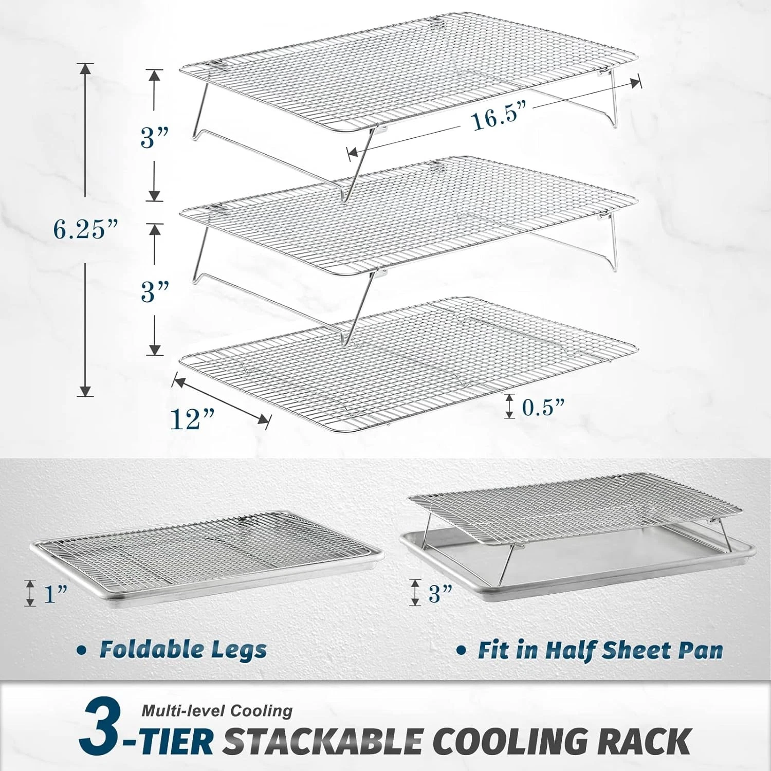 Stainless Steel Stackable Cooling Rack for Baking 3 Tier 12”X 16.5" for Cookie
Opens in a new window