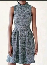 Ganni Anthropologie Blue Ruffle Neck Skater Sleeveless Dress Size Small Pleated