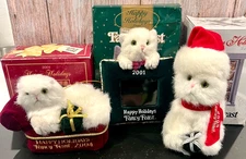 Lot of 3 Vintage Fancy Feast Christmas Ornaments White Cats 2001, 04, 05 W/Boxes