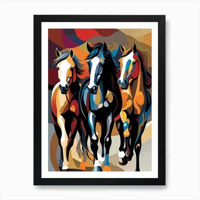 Moderne Pferdekunst, 3 Pferde Kunstdruck gerahmtes Wandbild Poster Leinwanddruck Bild
