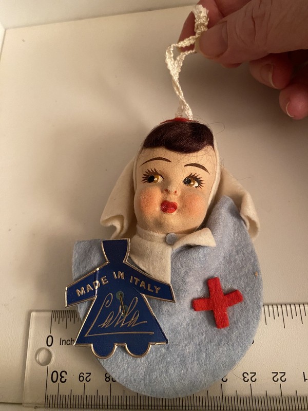 Italian Lenci/style felt Doll face ornament: RED CROSS NURSE w/orig label RARE