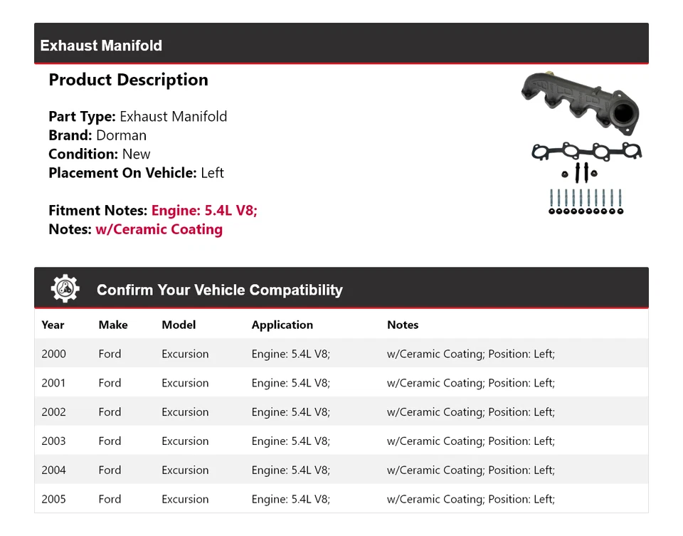 Coletor de escape esquerdo 2001 2002 Ford Excursion 5.4L V8 Dorman 2000-2005 - Imagem 2 de 4