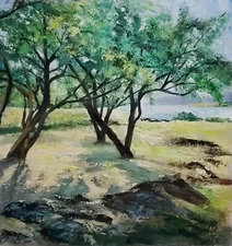 YARY DLUHOS Landscape Lake Park Trees Light Shadow Original Art Oil Painting