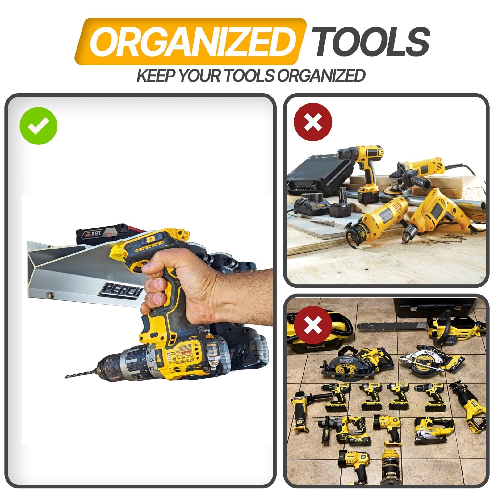 6-Pack DeWalt 20/60v Tool Hanger/Holder By Perch. (Screws Includes)