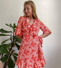 Topshop Petite Ruffle Mini Wrap Dress Size 0P Red Floral Short Sleeve