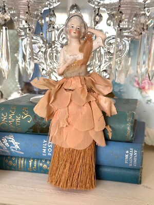Vtg 1920s Porcelain Edwardian Lady Vanity Brush Silk Ruffled Dress 8 5/8''